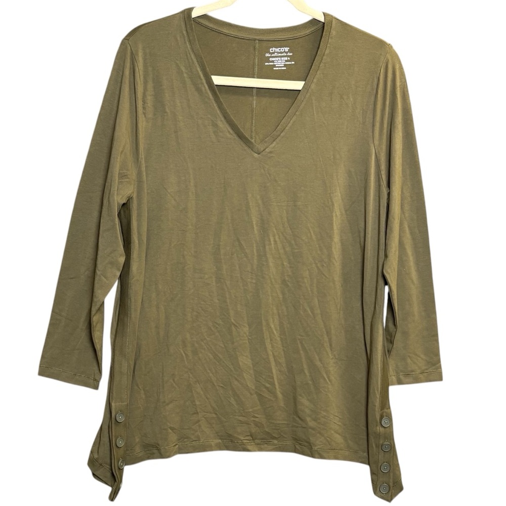 Chico's Ultimate Tee Top 3/4 Sleeve V-Neck Pima Cotton Olive Green Sz 3 XXL